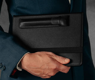 Black Leather Apple Pencil Case / Sleeve attached to matching iPad case