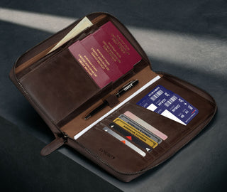 Dark Brown Family Travel Wallet with 4 passports, cards and travel documents