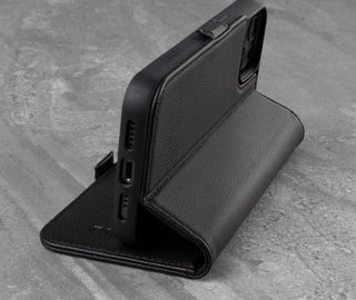 Integrated stand function of the Black Leather Phone Case for iPhone 13 Pro