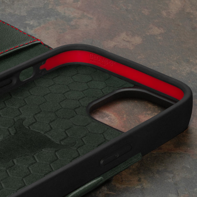 Geometric microfibre lined frame with advanced GEO-AS-3 protection of the Green with Red Detail Leather Wallet Case for iPhone 15