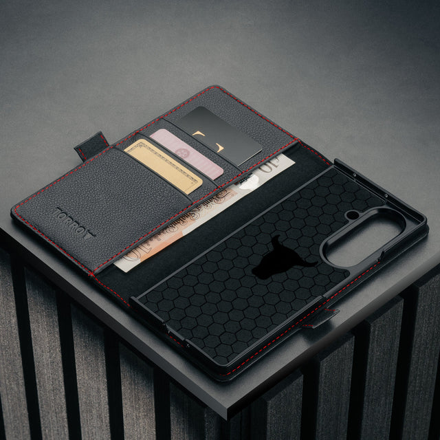 Card holder and microfibre lining in the Black with Red Detail Leather Case for Samsung Galaxy Z Fold7