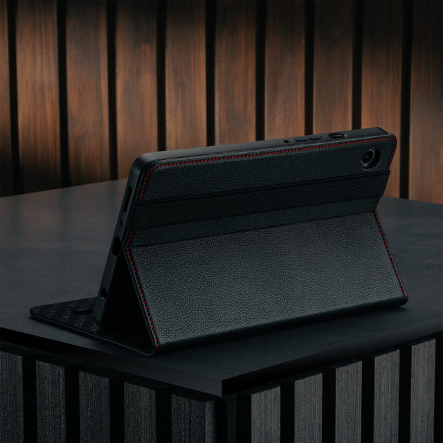 Stand function of the Black with Red Stitching Leather Case for Samsung Galaxy Tab A9
