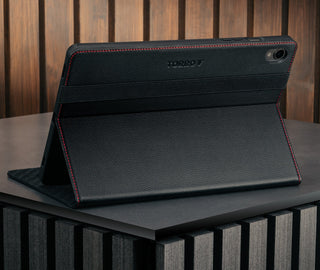 Stand function of the Black with Red Detail Leather Case for Galaxy Tab S11