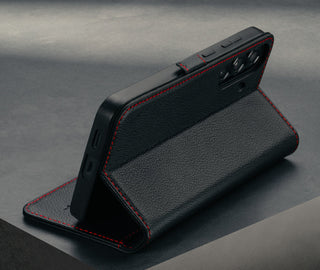 Stand function of the Black with Red Detail Leather Case for Galaxy S25 FE