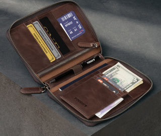 Dark Brown Leather Solo Travel Wallet containing multiple cards, passport, boarding pass and currency