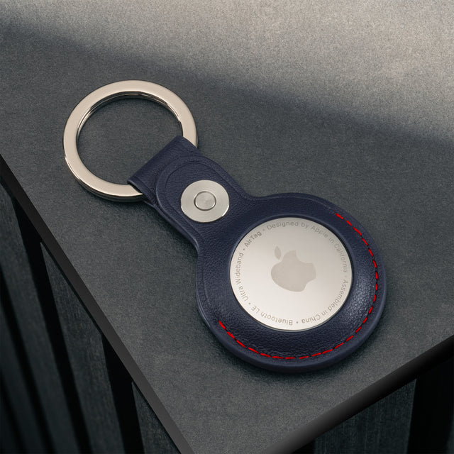 Navy Blue with Red Detail Leather Apple AirTag Holder Keyring