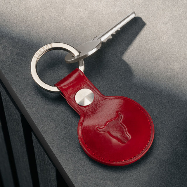 Red Leather Apple AirTag Holder Keyring attached to keyring