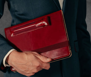 Red Leather Apple Pencil Case / Sleeve attached to a matching iPad case