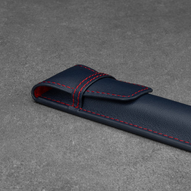 Leather closure flap on the Navy Blue Stitching Leather Apple Pencil Case / Sleeve