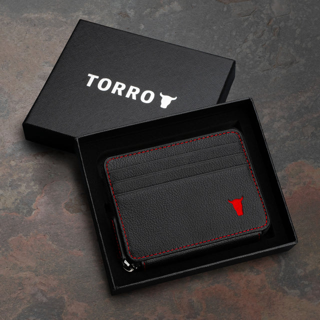 Black with Red Detail Leather Coin Purse with Card Holder in Gift Box