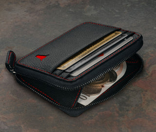 Coin and Note Pouch in the Black with Red Detail Leather Coin Purse with Card Holder