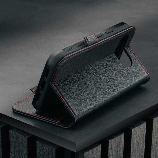 Stand function of the Black with Red Detail Leather Case for Google Pixel 10a