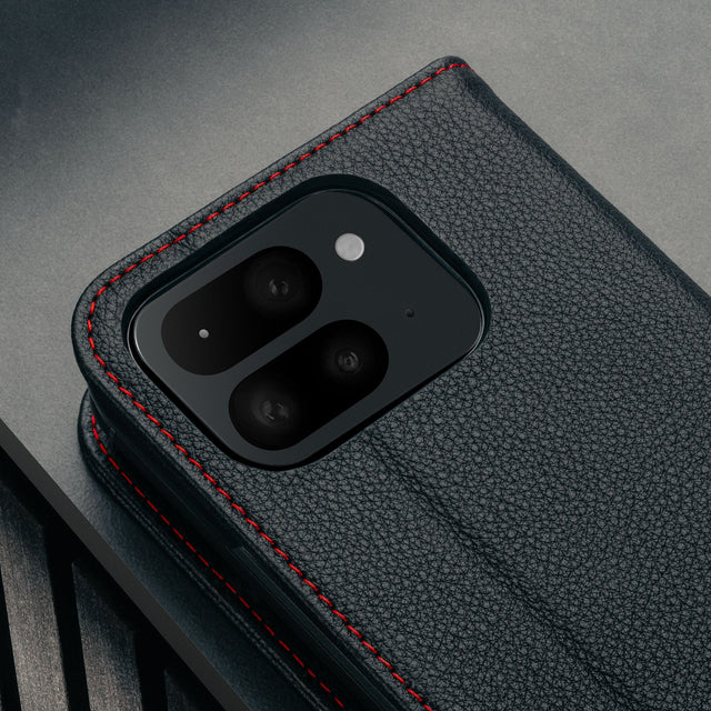 Camera cutout on the Black with Red Detail Leather Case for Google Pixel 10 Pro Fold