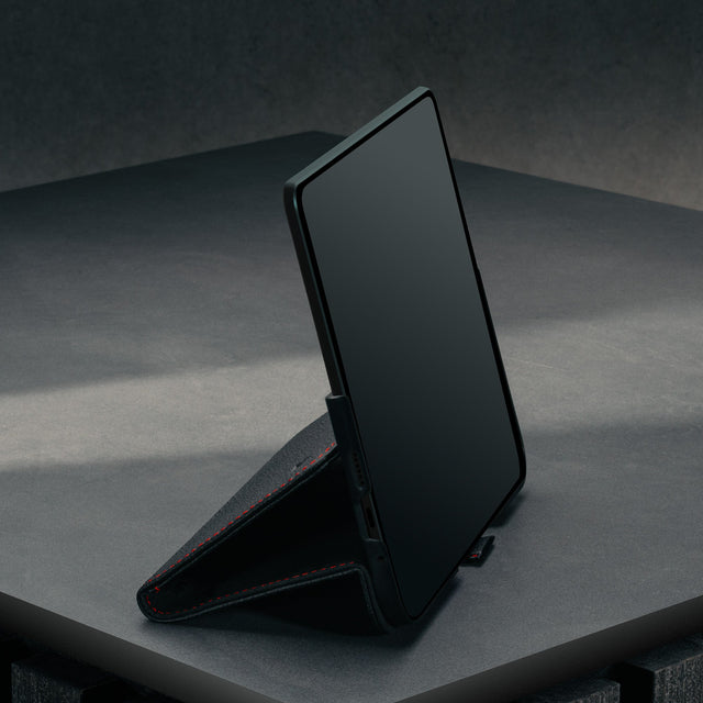 Stand function of the Black with Red Detail Leather Case for Google Pixel 10 Pro Fold