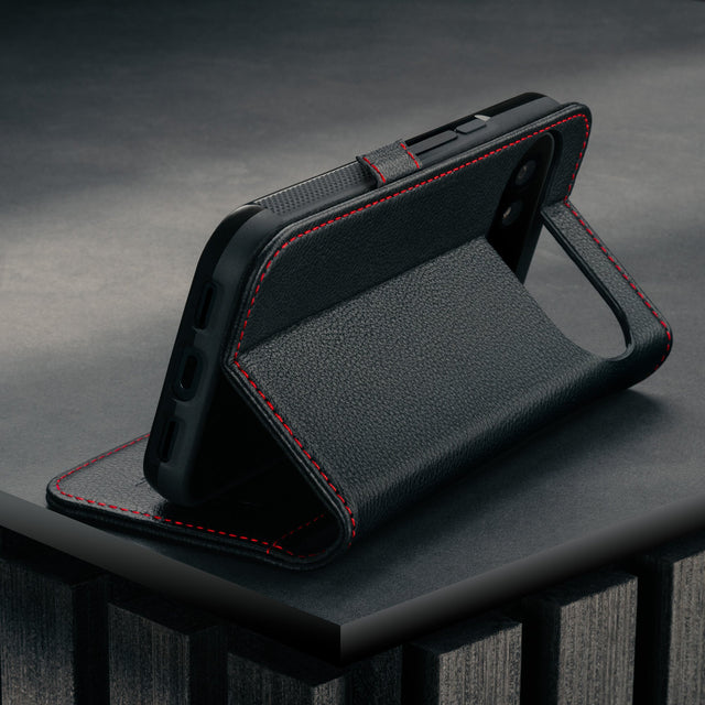 Stand function of the Black with Red Detail Leather Cse for Google Pixel 10 / 10 Pro.