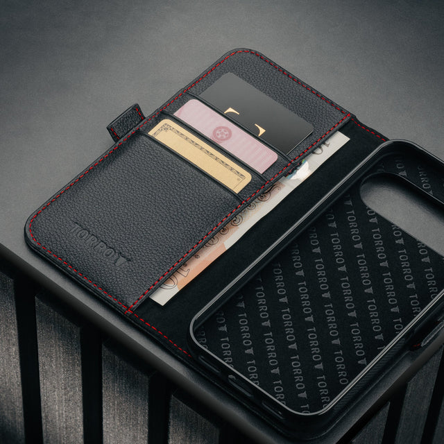 Card holder inside the Black with Red Detail Leather Case for Google Pixel 10 Pro XL