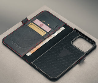 Card slots inside the Black with Red Stitching Leather Case for the Google Pixel 11 Pro Fold