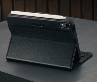 Stand function of the Black with Red Detail Leather Case for Apple iPad Mini 8