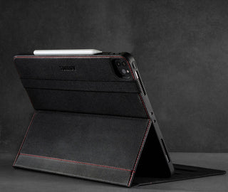 Integrated stand function of the Black Leather (with Red Stitching) Case for iPad Pro 12.9-inch