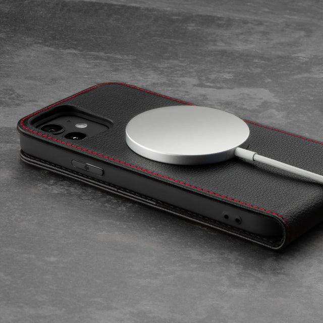 MagSafe charging on the Black Leather (with Red Stitching) Flip Case for iPhone 12