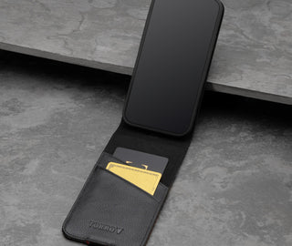 Card storage in the Black Leather (with Red Stitching) Flip Case for iPhone 12