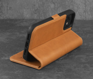 Stand function of the Tan Leather Stand Case for iPhone 12 Pro