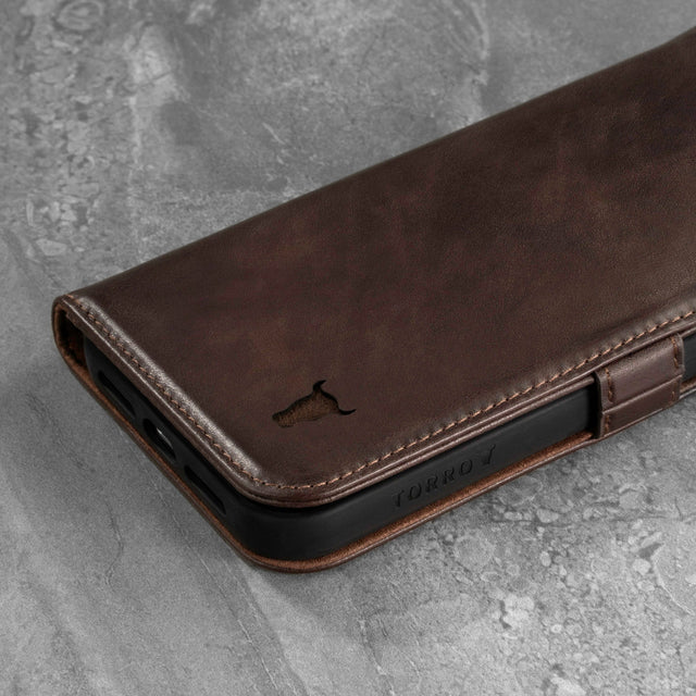 Dark Brown Leather Folio Case for iPhone 13