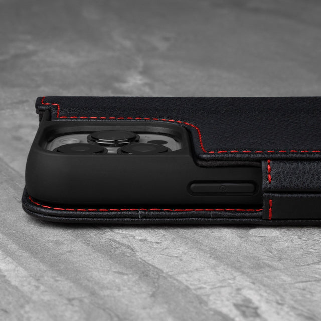Raised camera lip of the Black Leather (with Red Stitching) Phone Case for iPhone 13 Pro Max