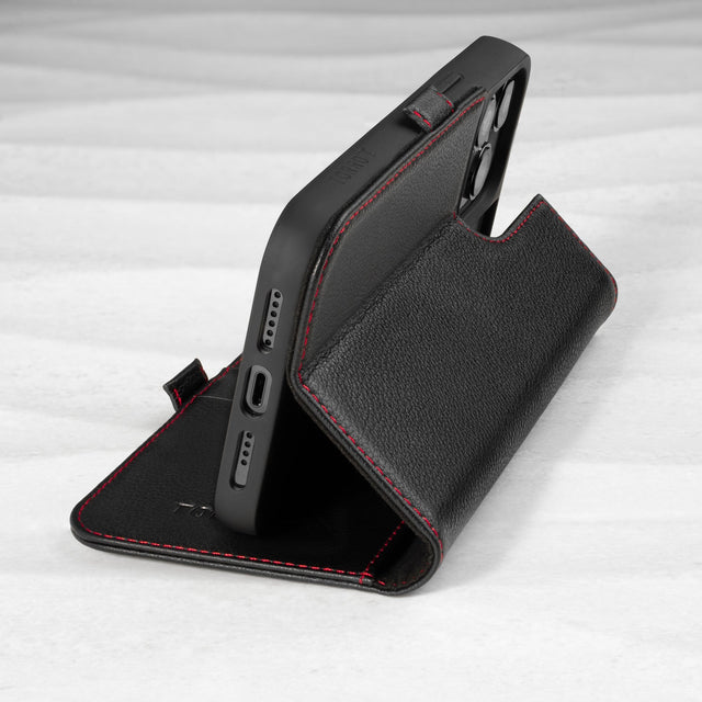Integrated stand function of the Black with Red Stitching Leather Folio Stand Case for iPhone 14 Pro Max