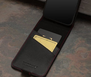 Card slots inside the Black with Red Detail Leather Flip Case for iPhone 15 Pro
