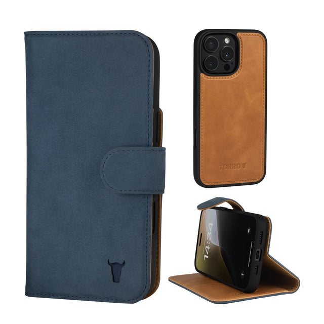 Blue Nubuck Leather Case (with detachable cover) for iPhone 16 Pro Max