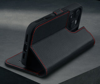 Stand function of the Black Leather with Red Detail Leather Case for iPhone 16 Pro Max
