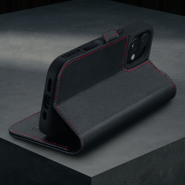Stand function of the Black with Red Detail Leather Case for iPhone 16