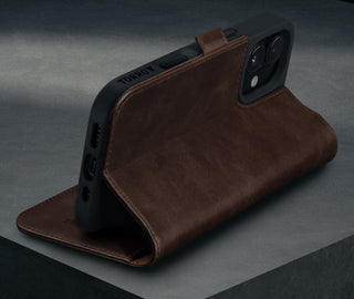 Stand function of the Dark Brown Leather Case for iPhone 16