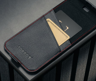 Card holder in the Black with Red Stitching Leather Flip Case for iPhone 17