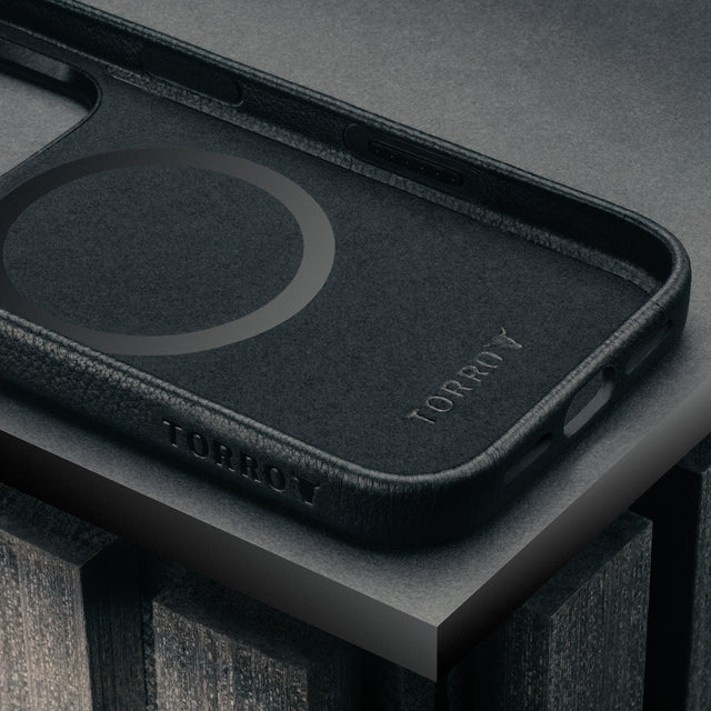 Microfibre lining in the Slimline Black Leather Bumper Case for iPhone 17 Pro