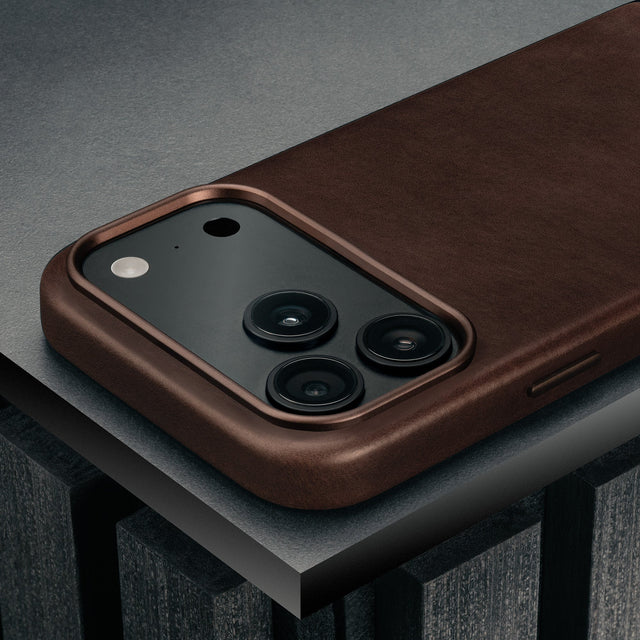 Camera cutout on the Slimline Dark Brown Leather Bumper Case for iPhone 17 Pro