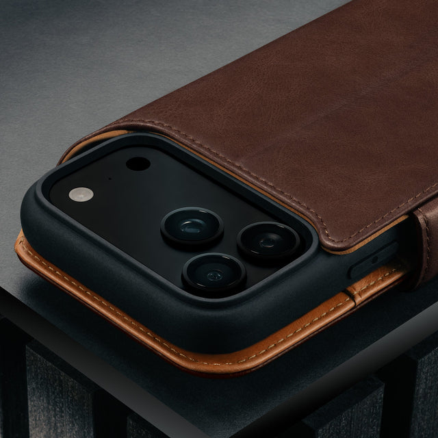 Camera cutout on the Dark Brown Leather Detachable Case for iPhone 17 Pro Max