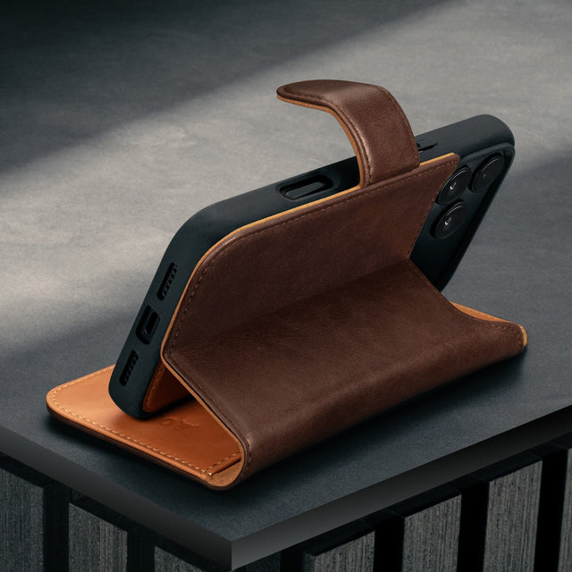 Stand function of the Dark Brown Leather Detachable Case for iPhone 17 Pro Max