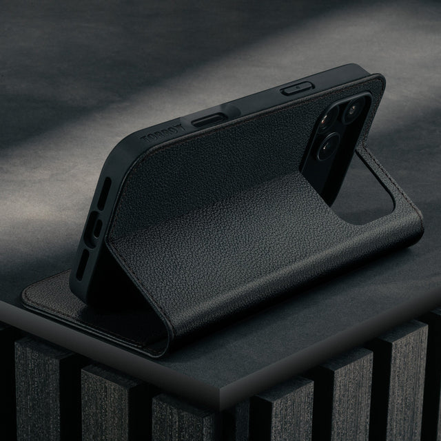 Stand function of the Black Leather Case for iPhone 17 Pro