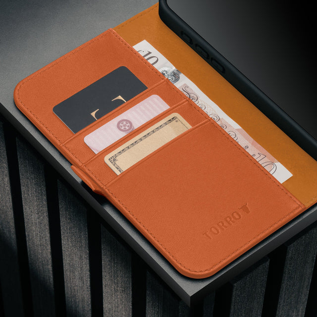 Card holder inside the Stand function of the Orange Leather Case for iPhone 17 Pro Max