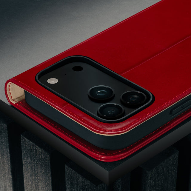 Camera cutout on the Red Leather Case for iPhone 17 Pro