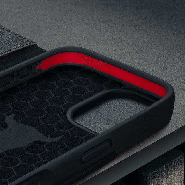 Microfibre lined frame of the Black Leather Case for iPhone 17