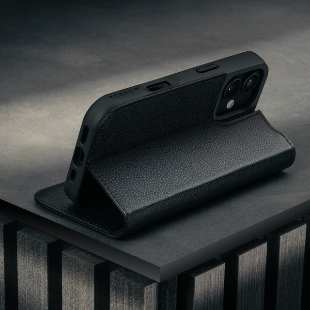 Stand function of the Black Leather Case for iPhone 17