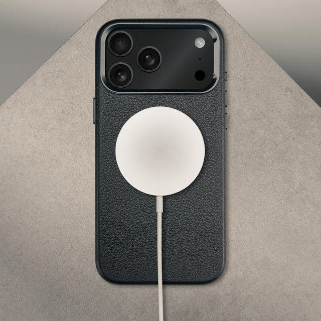 MagSafe charger attached to the Black Leather Bumper Case (with Camera Stand) for iPhone 18 Pro / 17 Pro