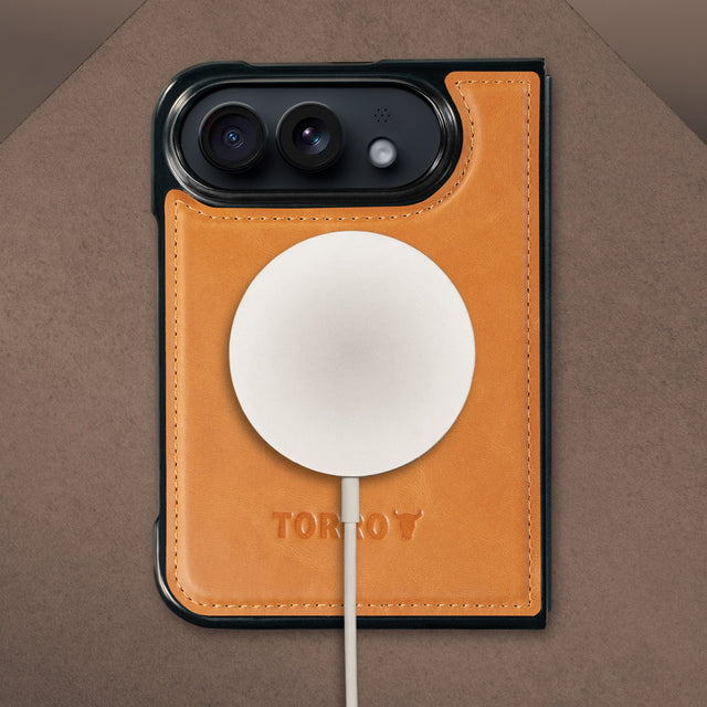 MagSafe charger attached to the Dark Brown Leather 2-in-1 Detachable Wallet Case for iPhone Ultra