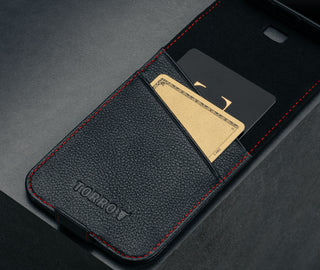 Card slots inside the Black Leather with Red Stitching Flip Case for iPhone SE4 (2025)