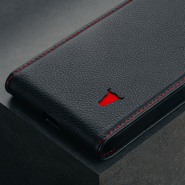 Black Leather with Red Stitching Flip Case for iPhone SE4 (2025)