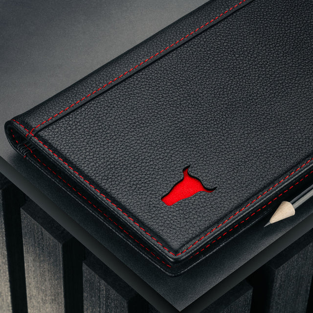Close up of the Pro edition of the Black with Red Detail Leather Golf Scorecard Holder