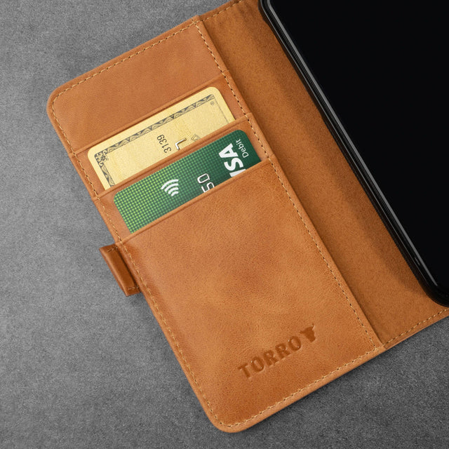 Card slots on the inside of the Tan Leather Stand Case for iPhone SE (2020), iPhone 8 and iPhone 7